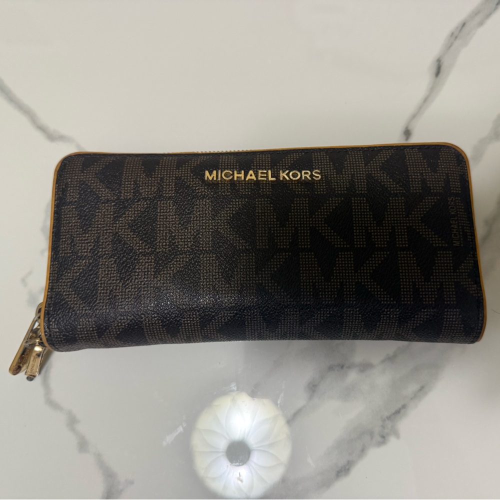 Michael Kors Brown and Gold Zip Wallet with MK Pull